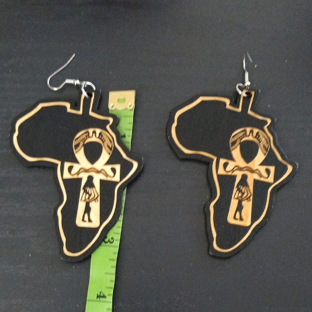 Africa Outline Wooden Earrings with Ankh Motif - Black and‎ Natural Wood